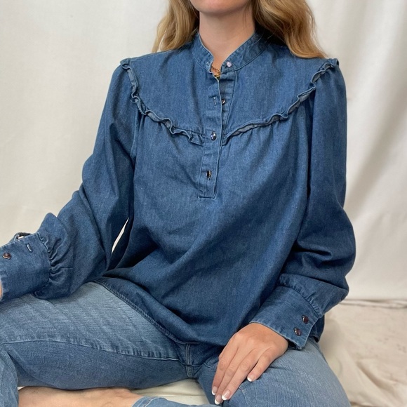Vintage Cottagecore Denim Chambray Blouse - Picture 3 of 14